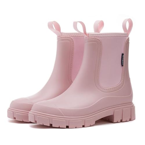 YGSIKY Gummistiefel Damen wasserdichte Stiefel,Gefütterte wasserdichte Gummistiefel,Mittelhohe Regenstiefel Für Damen,rutschfeste Knöchelstiefeletten Leichte Outdoor-Regenschuhe (Pink,38 EU) von YGSIKY