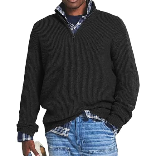 YGSIKY Herren-Kaschmir-Business-Casual-Reißverschlusspullover, Herren-Pullover mit Lockerem Reißverschluss und Stehkragen, Herren Rollkragenpullover gestrickt mit 1/4-Reißverschluss (Schwarz,L) von YGSIKY