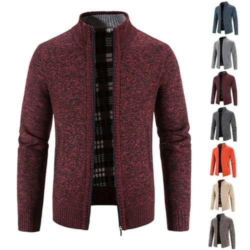 YGSIKY Herren Strickjacke mit Reißverschluss, Warme Casual Stehkragen Strickjacke Dicker Pullover Wintermantel Strickjacke mit Reißverschluss Streetstyle Winterjacke (Rotwein,XXL) von YGSIKY