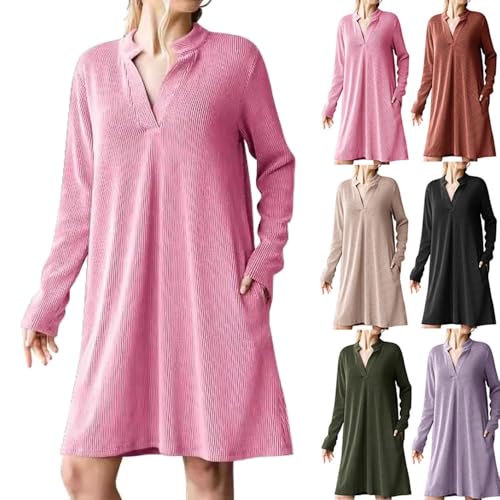 YGSIKY Lässiges Langarmkleid mit V-Ausschnitt für Damen, Langarm-Sweatshirtkleid mit V-Ausschnitt für Damen, Langarm-Midikleid mit V-Ausschnitt, Lockeres süßes Mini-Herbstkleid in A-Linie (Pink,S) von YGSIKY