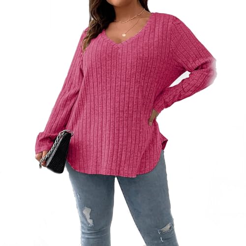 YGSIKY Langarmshirts für Damen,Pullover mit V-Ausschnitt, langärmlige Pullover mit V-Ausschnitt und Rippstrick,lässige leichte Pulloveroberteile, modische Pulloveroberteile für Herbst (XL,Rose Red) von YGSIKY