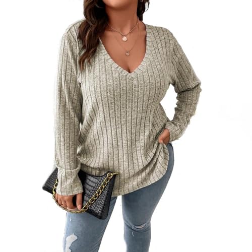 YGSIKY Langarmshirts für Damen,Pullover mit V-Ausschnitt, langärmlige Pullover mit V-Ausschnitt und Rippstrick,lässige leichte Pulloveroberteile, modische Pulloveroberteile für Herbst (3XL,Apricot) von YGSIKY