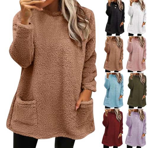 YGSIKY Lange Plüsch-Sweatshirts für Damen,Fleecepullover mit V-Ausschnitt und Taschen, übergroße Flauschige Fleece-Sweatshirts, warme Pullovermäntel für Herbst und Winter (S,Brown) von YGSIKY