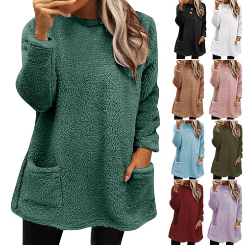 YGSIKY Lange Plüsch-Sweatshirts für Damen,Fleecepullover mit V-Ausschnitt und Taschen, übergroße Flauschige Fleece-Sweatshirts, warme Pullovermäntel für Herbst und Winter (S,Green) von YGSIKY