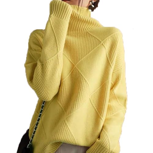 YGSIKY Lockerer Rundhalspullover,Strickpullover mit Rautenstruktur,Lässiger, vielseitiger Strickpullover in Volltonfarbe,Strick-Sweatshirt für Herbst und Winter (Yellow,XL) von YGSIKY