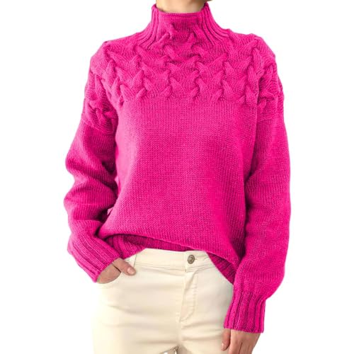 YGSIKY Rollkragenpullover mit Zopfmuster für Damen im Herbst,Pullover mit Zopfmuster und Rollkragen,Rollkragenpullover mit Zopfmuster und Langen Ärmeln,langärmliger Pullover (Rose Red,XXL) von YGSIKY