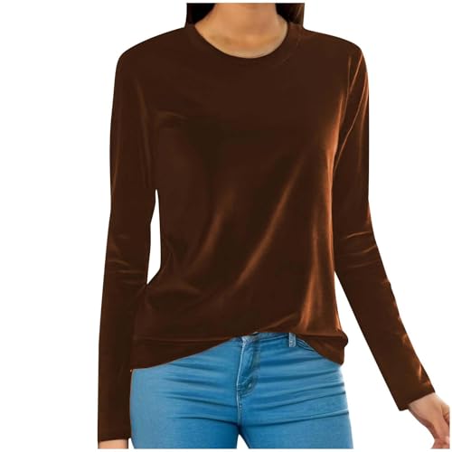 YGSIKY Samtoberteile für Damen, Trendiger Rundhalsausschnitt, langärmliges Velourshemd, langärmliges Samthemd für Damen,Trendige weiche Samtoberteile, Elegante Freizeitblusen für Damen (Camel,M) von YGSIKY