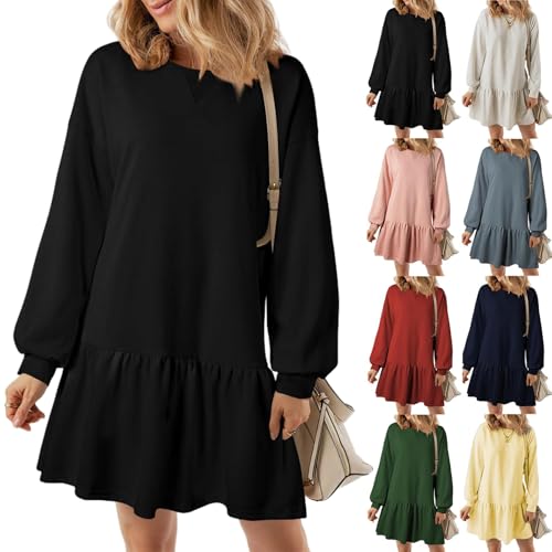 YGSIKY Sweatshirtkleid für Damen, langärmeliges Pullover-Oberteil, Rippstrick-Patchwork-Kleid, Mini-Plissee-Pulloverkleid, Oberteile, fließende Rüschen-Sweatshirt-Minikleider (Black,XL) von YGSIKY