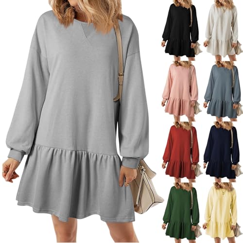 YGSIKY Sweatshirtkleid für Damen, langärmeliges Pullover-Oberteil, Rippstrick-Patchwork-Kleid, Mini-Plissee-Pulloverkleid, Oberteile, fließende Rüschen-Sweatshirt-Minikleider (Light Gray,L) von YGSIKY