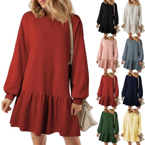 YGSIKY Sweatshirtkleid für Damen, langärmeliges Pullover-Oberteil, Rippstrick-Patchwork-Kleid, Mini-Plissee-Pulloverkleid, Oberteile, fließende Rüschen-Sweatshirt-Minikleider (Red,XL) von YGSIKY