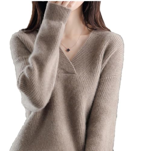 YGSIKY Übergroßer Pullover mit V-Ausschnitt für Damen, langärmeliger Pullover mit V-Ausschnitt, weicher,gemütlicher, Leichter Wollstrickpullover, übergroßer Strickpullover in Volltonfarbe (Camel,L) von YGSIKY