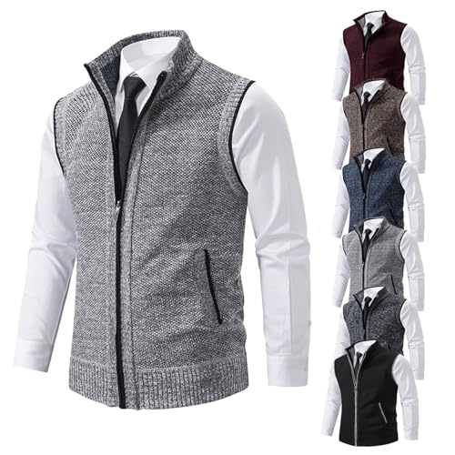 YGSIKY Winter Herren Weste, Herren Weste Strickweste Fleecefutter Ärmellose Strickjacke mit Stehkragen Ärmellose Jacke Geeignet zum Radfahren Laufen Wandern Golf Arbeiten (Grau A,XXL) von YGSIKY