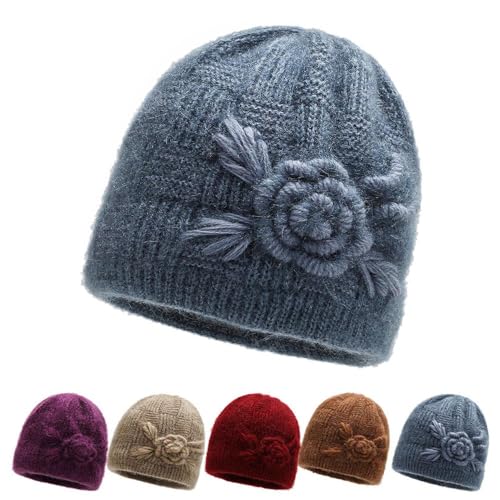 YGSIKY Wintermützen für Damen, Strickmützen mit Blumenmuster, Zopfmuster-Mütze für Damen, warme Flanell-gefütterte Mützen für Damen mittleren und älteren Alters (Blue) von YGSIKY