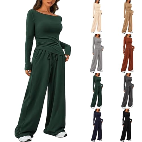 YGSIKY Women's 2 Piece Lounge Sets, Asymmetrical Long Sleeve T Shirt Wide Leg Pants Casual Outfits Tracksuit, Elegant Long Sleeve Top Slim Fit Two Piece (Green,XL) von YGSIKY