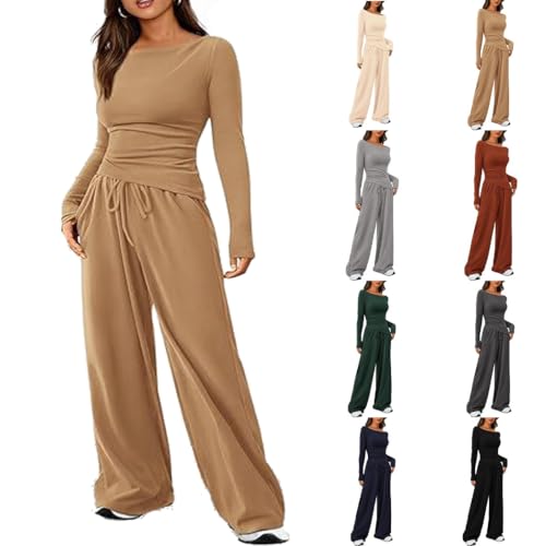 YGSIKY Women's 2 Piece Lounge Sets, Asymmetrical Long Sleeve T Shirt Wide Leg Pants Casual Outfits Tracksuit, Elegant Long Sleeve Top Slim Fit Two Piece (Khaki,L) von YGSIKY