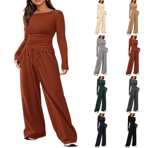 YGSIKY Women's 2 Piece Lounge Sets, Asymmetrical Long Sleeve T Shirt Wide Leg Pants Casual Outfits Tracksuit, Elegant Long Sleeve Top Slim Fit Two Piece (Red,XS) von YGSIKY