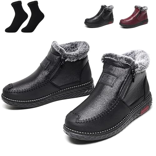 YGSIKY wasserdichte, rutschfeste Baumwolllederstiefel für Damen, Bequeme rutschfeste Winterschuhe,rutschfeste Winterstiefeletten aus dickem Plüsch,Baumwolllederschuhe mit Reißverschluss (Black,37 EU) von YGSIKY