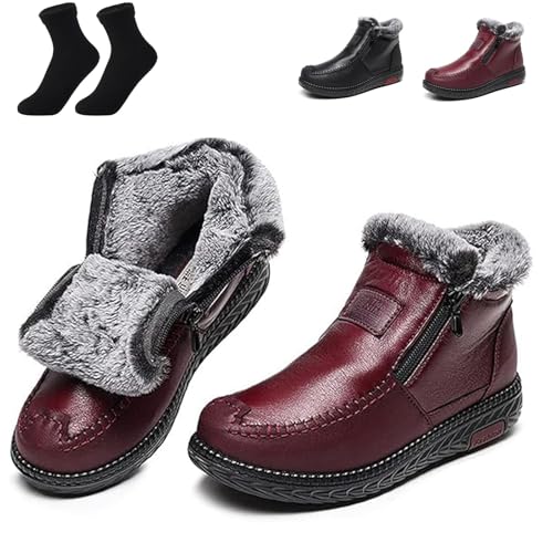 YGSIKY wasserdichte, rutschfeste Baumwolllederstiefel für Damen, Bequeme rutschfeste Winterschuhe,rutschfeste Winterstiefeletten aus dickem Plüsch,Baumwolllederschuhe mit Reißverschluss (Red,35 EU) von YGSIKY