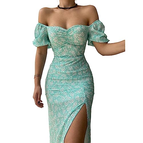 YHANNI Sommerkleid Damen Floral Print Kurzarm Hip Wrap Party Kleid Elegant Off Shoulder Rückenloses Kleid Sommer Taille Schlitz Lange Kleider-C,S von YHANNI