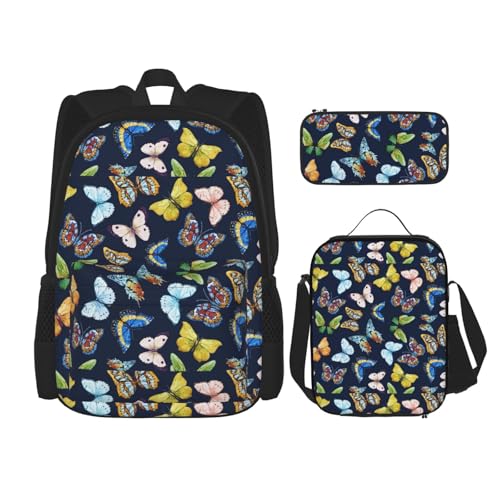 YHBLYKXP 3-teiliges Rucksack-Set (mit Lunchbox und Stifttasche), 3-teiliges Set mit Schultertasche, Motiv: Blattmotiv, Schwarz, Einheitsgröße von YHBLYKXP