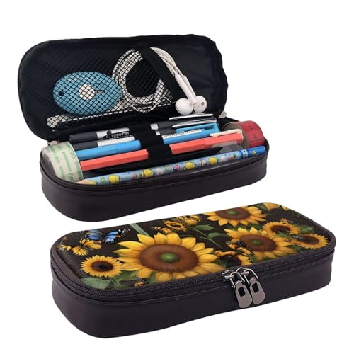 YHBLYKXP Kosmetiktasche aus Leder, Motiv: Sonnenblumen, Schmetterlinge, Kunstdruck, Kosmetiktasche, Kulturbeutel, Reißverschluss, Münzbörse, Schwarz, Einheitsgröße von YHBLYKXP