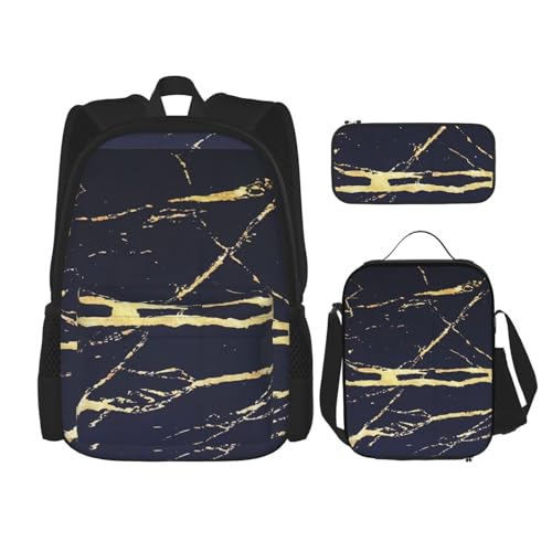 YHBLYKXP Marmor (2) Bedruckter Rucksack, 3-teiliges Set (mit Lunchbox und Stifttasche), 3-teilige Kombi-Umhängetasche, schwarz, Schwarz, Einheitsgröße von YHBLYKXP