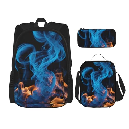 YHBLYKXP Rucksack mit blauem Flammenmuster, 3-teiliges Set (mit Lunchbox und Stifttasche), 3-teilige Kombi-Umhängetasche, Schwarz, Einheitsgröße von YHBLYKXP