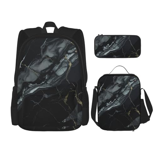 YHBLYKXP Rucksack mit schwarzem Marmor-Druck, 3-teiliges Set (mit Lunchbox und Stifttasche), 3-teilige Kombi-Umhängetasche, Schwarz, Einheitsgröße von YHBLYKXP