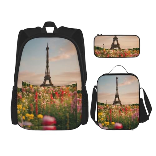 YHBLYKXP Schöner Rucksack mit Eiffelturm-Motiv, 3-teiliges Set (mit Lunchbox und Stifttasche), 3-teilige Kombi-Umhängetasche, Schwarz, Einheitsgröße von YHBLYKXP