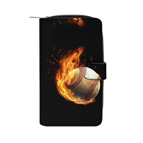 YHEGBFD Geldbörse aus Leder, Motiv: Feuer-Baseball-Druck, stilvolle Geldbörse, Reißverschluss, Geldbörse für Männer und Frauen, Echtleder, Taschengeldbörse, 19,7 x 11 x 3,5 cm, Feuer-Baseball, 19,7 x von YHEGBFD