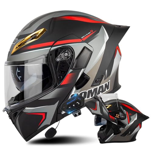 Bluetooth Motorradhelm Klapphelm ECE Geprüfter Modulare Helm Für Erwachsene Damen und Herren mit Doppelvisier,Lautsprecher Mikrofon Bluetooth Integralhelm F,L=59-60CM von YHIY