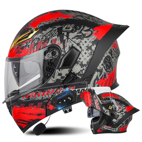 Klapphelm mit Bluetooth,Bluetooth Integralhelm Motorradhelm mit Doppelvisier,Erwachsene Sturzhelm Mopedhelm,Modular Bluetooth Klapphelm für Frauen Und Männer D,L=59-60CM von YHIY