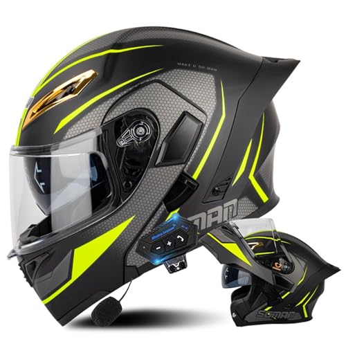 Klapphelm mit Bluetooth,Bluetooth Integralhelm Motorradhelm mit Doppelvisier,Erwachsene Sturzhelm Mopedhelm,Modular Bluetooth Klapphelm für Frauen Und Männer J,XL=61-62CM von YHIY