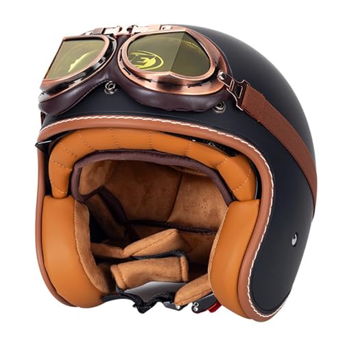 Motorrad Jethelm für Erwachsene,Offener Motorradhelm Rollerhelm Halbhelm,3/4-Jethelm Vintage Helm für Männer und Frauen mit Sonnenvisier und Schutzbrille,ECE-geprüft C,M=57-58CM von YHIY