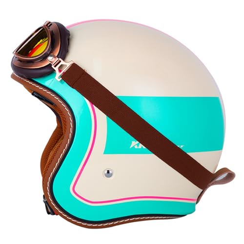 Motorrad Jethelm für Erwachsene,Offener Motorradhelm Rollerhelm Halbhelm,3/4-Jethelm Vintage Helm für Männer und Frauen mit Sonnenvisier und Schutzbrille,ECE-geprüft G,XL=61-62CM von YHIY