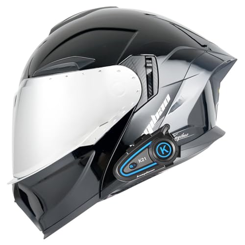 Motorradhelm Bluetooth Klapphelm mit Doppelvisier Mikrofon Doppellautsprecher,Integralhelm Automatische Anrufannahme,ECE-geprüft,für Erwachsene Männer und Frauen B10,L=59-60CM von YHIY