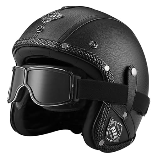 Motorradhelm Halbschalenhelm Jethelm Erwachsene Open Face Helm 3/4 Leder Halbhelm Vintage Lightweight Motorrad Jet Helm DOT ECE Approved für Männer und Frauen Antikollisionshelm B1,XL=61-62CM von YHIY