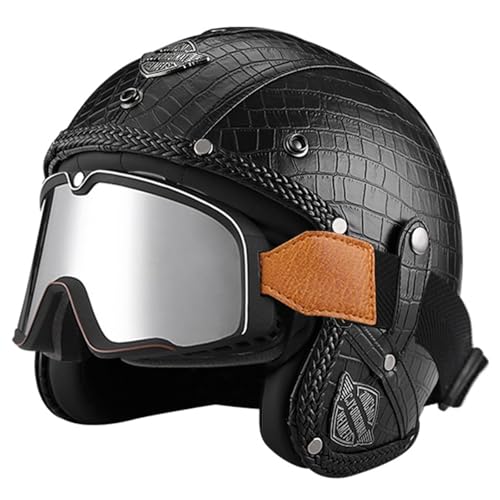 Motorradhelm Halbschalenhelm Jethelm Erwachsene Open Face Helm 3/4 Leder Halbhelm Vintage Lightweight Motorrad Jet Helm DOT ECE Approved für Männer und Frauen Antikollisionshelm C2,XL=61-62CM von YHIY