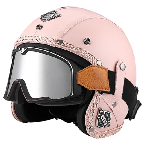 Motorradhelm Halbschalenhelm Jethelm Erwachsene Open Face Helm 3/4 Leder Halbhelm Vintage Lightweight Motorrad Jet Helm DOT ECE Approved für Männer und Frauen Antikollisionshelm C5,L=59-60CM von YHIY