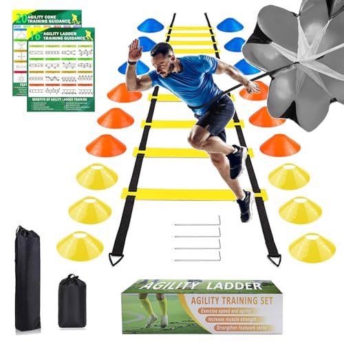 YHOTOGEA Fußball Trainingsset Koordinationsleiter 6M, 18 Hütchen und Resistance Fallschirm, Fussball Trainingszubehör Geschenke Jungen, für Fussball Training Sachen (Gelb) von YHOTOGEA