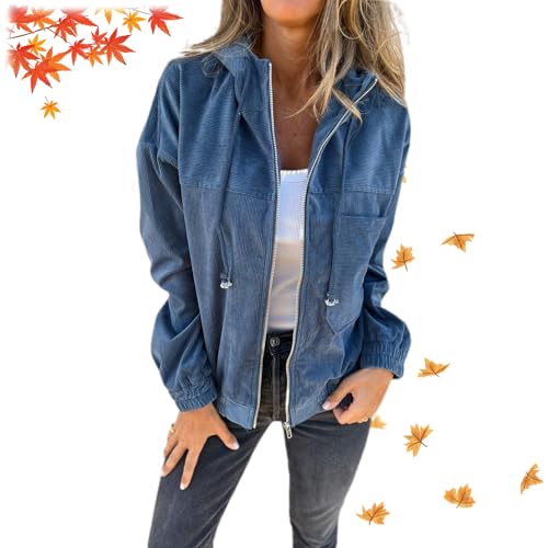 Lässige Damen-Kapuzenjacke mit Revers, Herbst-Crop-Kord, Reißverschluss, Kapuzenmäntel, lässige Sweatshirts mit Taschen (Blau, Größe 2XL) von YHTRFDMSG