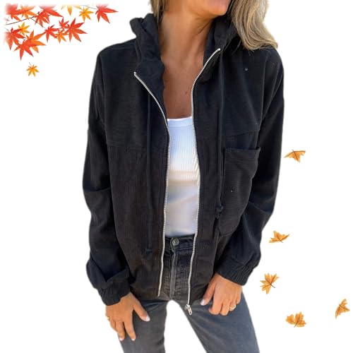 Lässige Damen-Kapuzenjacke mit Revers, Herbst-Crop-Kord, Reißverschluss, Kapuzenmäntel, lässige Sweatshirts mit Taschen (Schwarz, Größe 4XL) von YHTRFDMSG