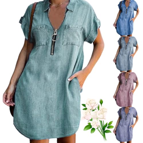 YHTRFDMSG 2024 Denim-Kleid für Damen, lässiges Sommer-Denim-Hemd, Reißverschluss, lockere Passform, V-Ausschnitt, kurze Ärmel, Strandkleid, Dunkelblau, Größe S von YHTRFDMSG