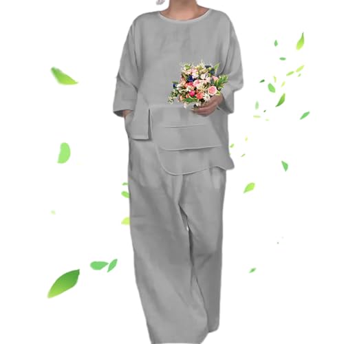 YHTRFDMSG 2024 Set aus glattem Satin, halblange Ärmel, Oberteil und Hose, lässig, Sommer, Rundhalsausschnitt, einfarbiges Satin-Oberteil und Hose mit weitem Bein, dreiteiliges Set (Grau, M) von YHTRFDMSG