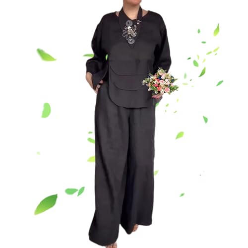 YHTRFDMSG 2024 Set aus glattem Satin, halblange Ärmel, Oberteil und Hose, lässig, Sommer, Rundhalsausschnitt, einfarbiges Satin-Oberteil und Hose mit weitem Bein, dreiteiliges Set (Schwarz, 4XL) von YHTRFDMSG