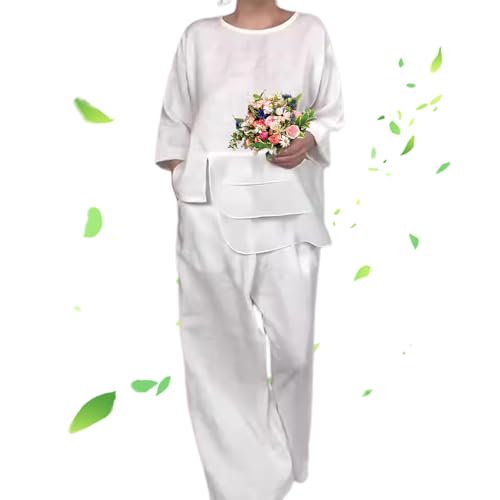 YHTRFDMSG 2024 Set aus glattem Satin-Oberteil und Hose mit halben Ärmeln, lässiger Sommer, Rundhalsausschnitt, einfarbiges Satin-Oberteil und Hose mit weitem Bein, dreiteiliges Set (Weiß, 5XL) von YHTRFDMSG