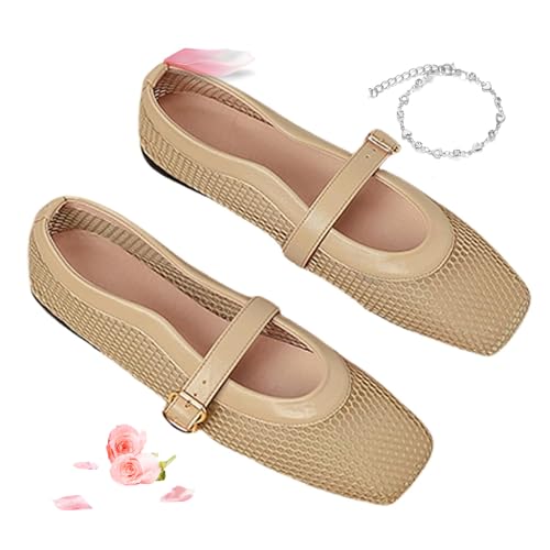 YHTRFDMSG Ballerinas für Damen, modische Netz-Strick-Ballerinas, Schnallenriemen, quadratische Zehenpartie, Fischnetzschuhe, breite Breite, lässiger Sommer, Mary Jane, Schlupfkleid, flach, Khaki, von YHTRFDMSG