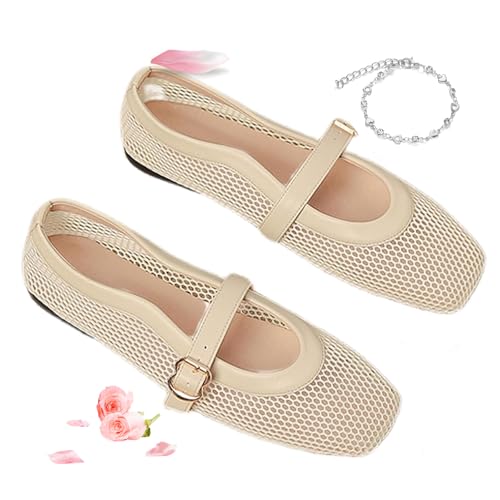 YHTRFDMSG Ballerinas für Damen, modische Netz-Strick-Ballerinas, Schnallenriemen, quadratische Zehenpartie, Fischnetzschuhe, breite Breite, lässiger Sommer, Mary Jane Slipper, flache Schuhe (Beige, von YHTRFDMSG