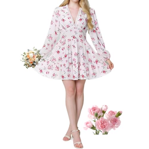 YHTRFDMSG Fließendes Mini-Kleid für Damen, Blumendruck, Sommer, Boho, Laternenärmel, Blumendruck, Spitze, V-Ausschnitt, hohe Taille, A-Linie, Minikleid, elegantes Skater-Minikleid, Rot, Größe M von YHTRFDMSG