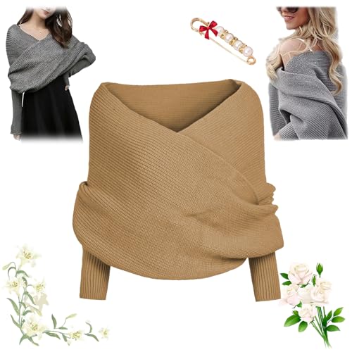 YHTRFDMSG Gestrickter Zopfwickel, Shrugs für Damen, Strick-Wickeltuch, Strickschal mit Ärmeln, Umhang, Schal, Wintermode, Damen-Strickpullover, Tops, Schal (Khaki) von YHTRFDMSG